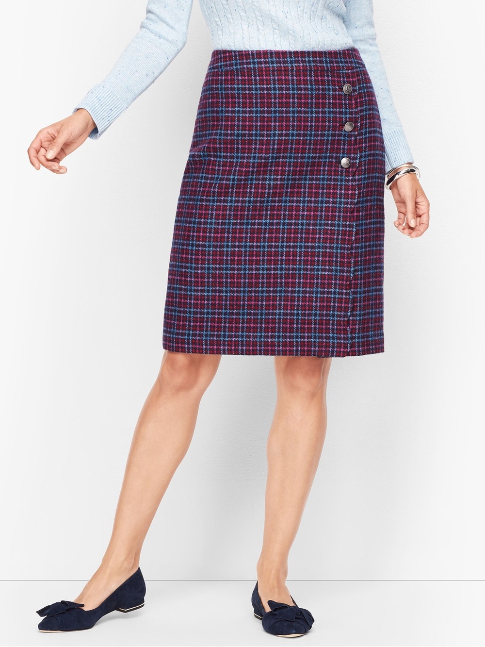 Talbots purple plaid faux wrap wool blend A-Line lined skirt buttons size 2